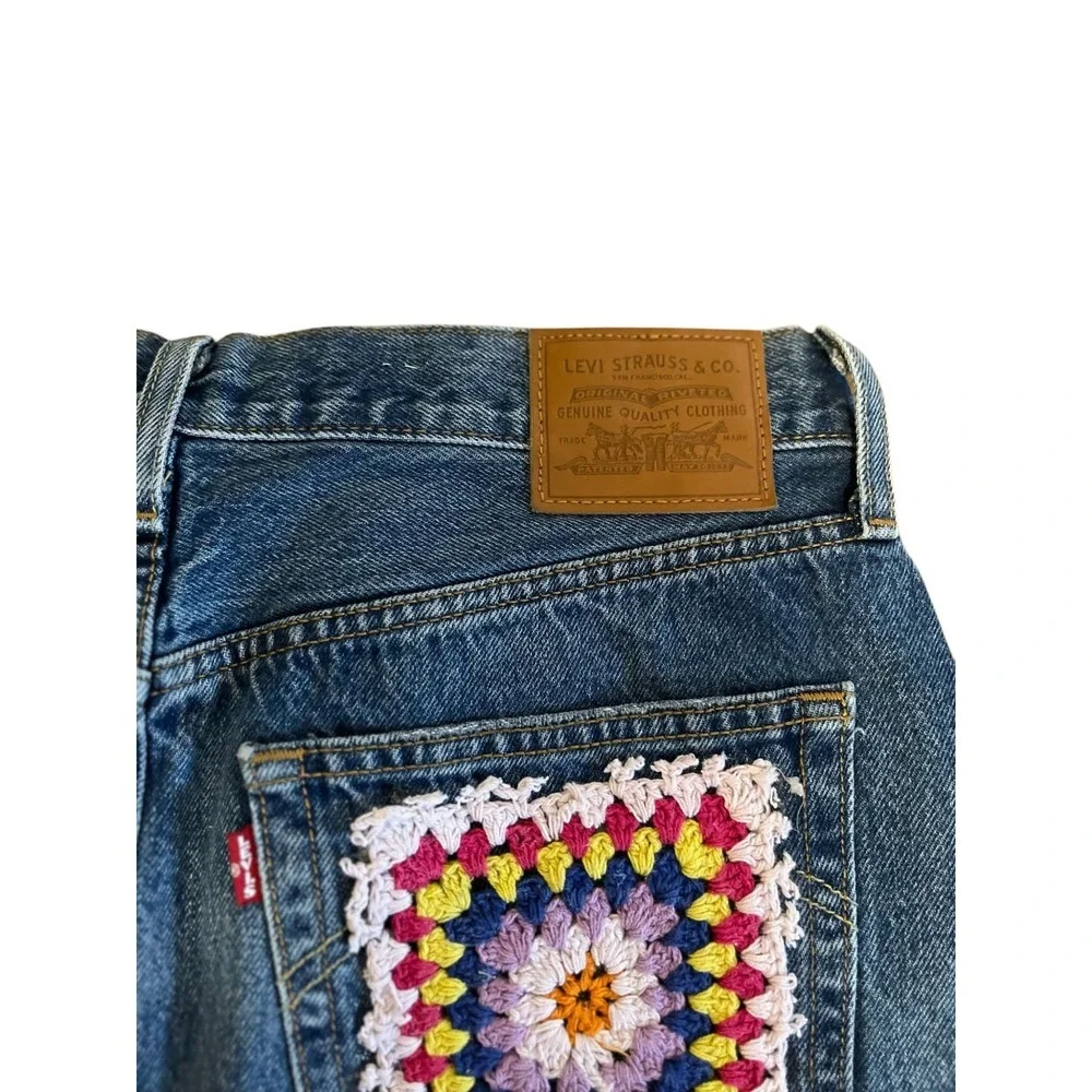 LEVIS‎ DENIM MINI SKIRT CROCHET PATCH UPCYCLED BOHO Y2K DIYSZ 29